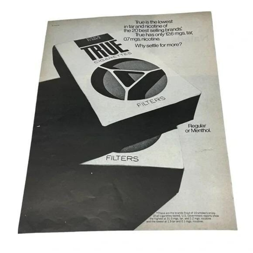 1970 True Cigarettes Lowest in Tar and Nicotine Original Vintage Print Ad